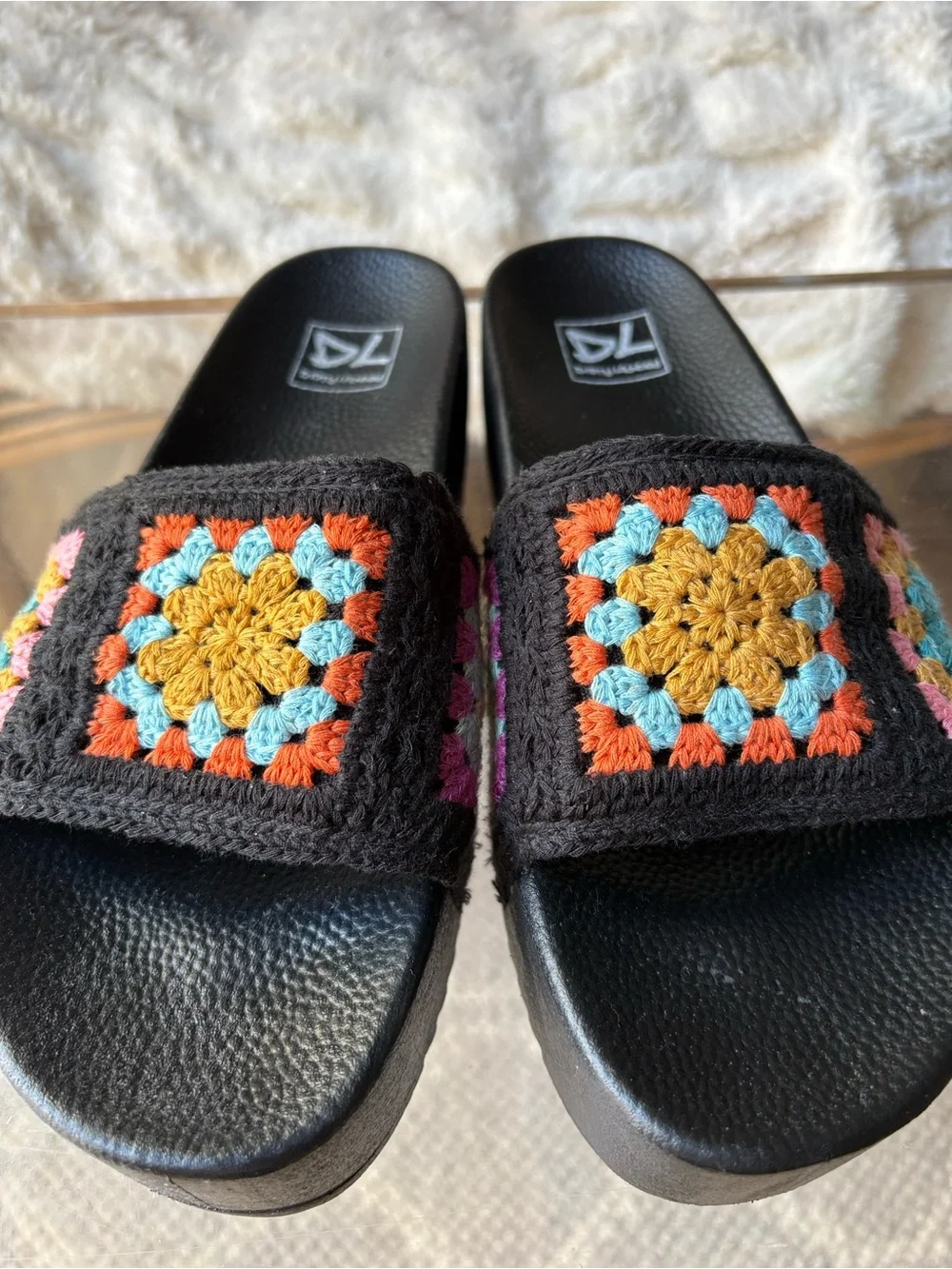 Dirty Laundry Black Crochet Slide Sandals with Multicolor Squares